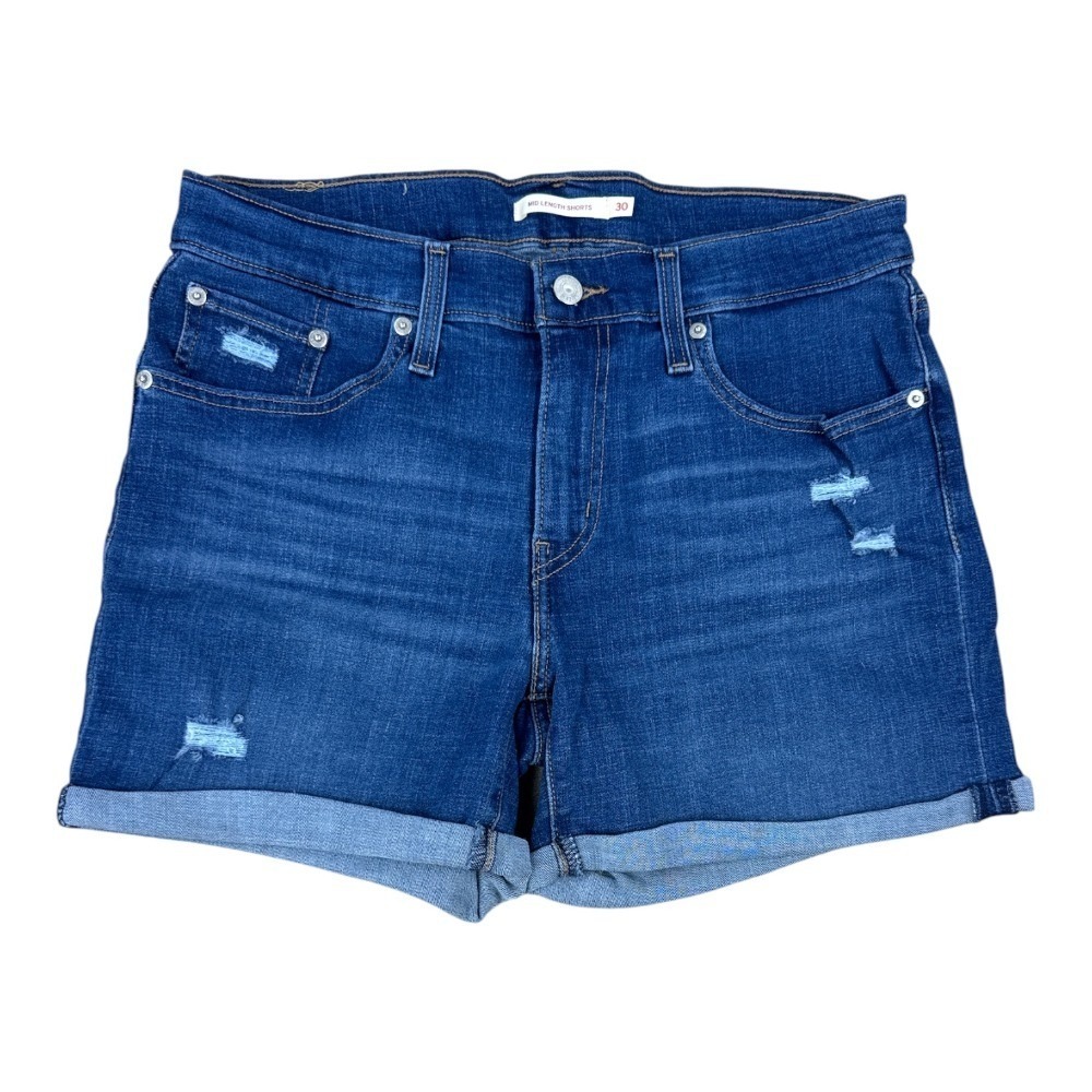 Levi's Women's Mid Length Denim Shorts 30 Light Distressing Cuffed Hem Blue